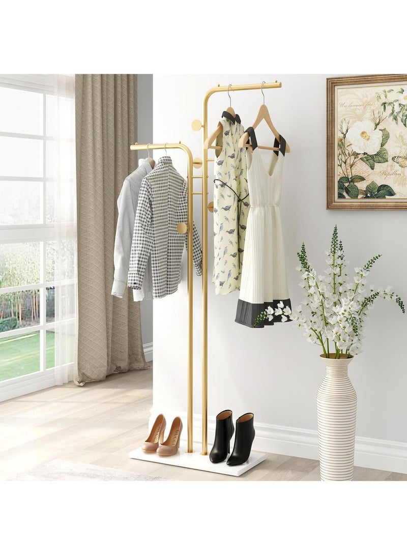 Beauenty Double-pole Metal Coat Rack, Gold Coat Rack Freestanding with 5 Hooks and Marble Base, Gold Clothing Rack, Modern Coat Hanger Stand for Entryway, Living Room, Bedroom - Image 2